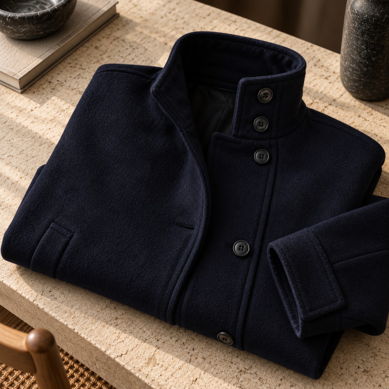 Coton bleu nuit et boutons, veste pliée